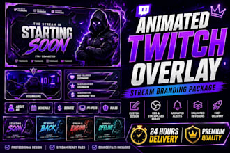 create animated twitch stream overlay, logo, alerts, panels