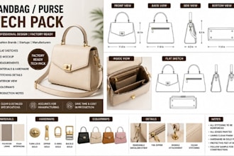 create handbag tech pack for purse tote bag and custom fashion bag design