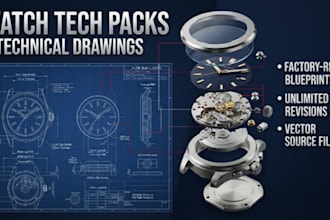 design watch tech pack, technical drawing, cad vector blueprint, and product