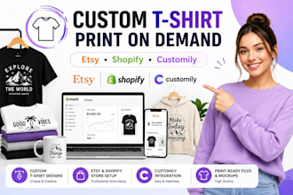 design custom tshirt, etsy shop setup, etsy customily, shopify print on demand