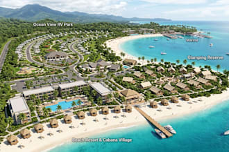 design and 3d render beach resort, cabana, glamping, rv park and master plan map