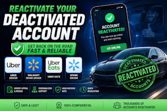 reactivate your uber driver, walmart, uber eat, spark driver deactivated account