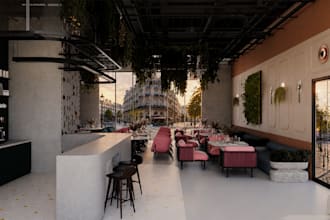 do interior design of commercial cafe, restaurant, office with 3d render