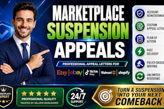 write etsy, ebay, tiktok shop, walmart and shopify suspension appeals