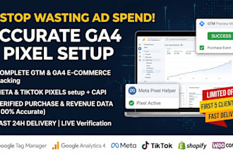 setup GTM, ga4 e commerce tracking, meta and tiktok pixel
