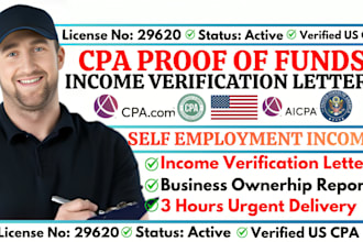 write US CPA self employment income verification and proof of funds letter