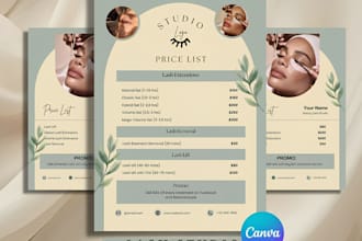 design canva lash technician nail, hair salon, spa price list and aftercare card