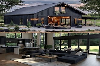 create stunning 3d interior and exterior visuals for barndominiums, pole barns