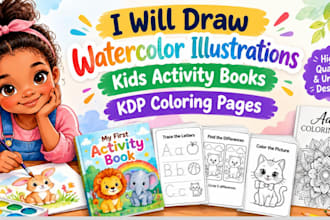 draw watercolor illustrations, kindergarten,  activity books, KDP coloring pages