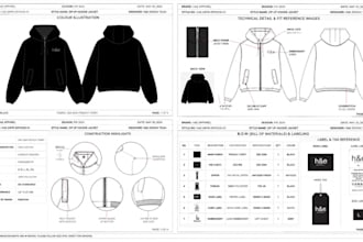 create tech pack for hoodies, jacket,t shirts with fashion flats for production