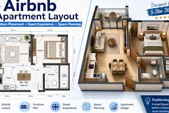 create airbnb apartment layout with furniture placement and guest experience