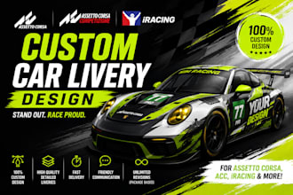 design custom assetto corsa, acc and iracing car liveries, racing skins