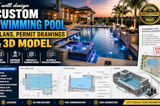 design custom swimming pool plans, permit drawings, 3d models hydraulic engineer