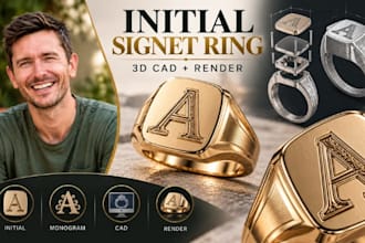 personalized initial signet ring cad modeling, photorealistic rendering