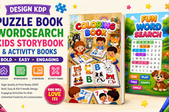 design kdp puzzle book, wordsearch, kids storybook, bold and easy, activity book