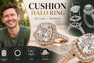 cushion cut halo engagement ring cad design, photorealistic rendering