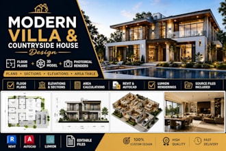 design modern villa and countryside house plan with 3d model and render in revit