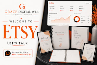 design etsy digital planner, listing mockup images, print on demand or seo audit
