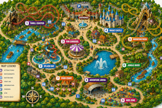 design custom amusement park map, theme park map, attraction map and tourist map