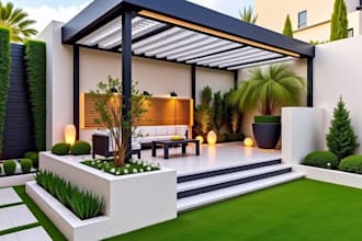 pergola design, backyard, landscape, patio with realistic 3d rendering