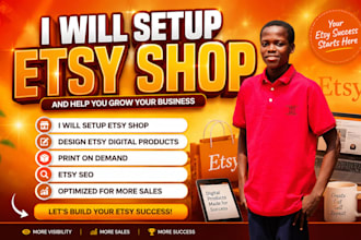 setup etsy shop, design etsy digital products, print on demand, and etsy