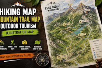 design hiking map, mountain trail map, outdoor tourism guide illustration map