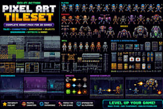 create pixel art tileset for rpg, terrain, objects platformer and 2d game assets