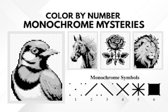 create monochrome mystery color by number pages for adults