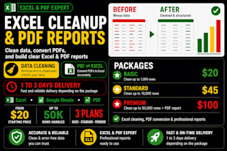 clean excel data, convert PDF to excel and create reports