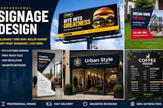 design signage, billboard, yard sign, roll up banner, shop front, cafe menu
