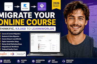 migrate online course from thinkific, kajabi to learnworlds zapier klaviyo setup