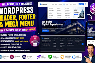 design or fix wordpress header, footer and mega menu with elementor