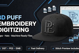 do 3d puff embroidery logo digitizing for caps hats in dst pes emb