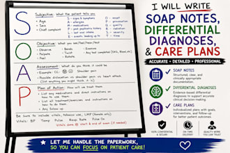 write soap notes, differential diagnoses, and care plans
