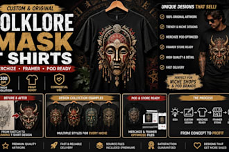 design folklore mask t shirts pod printful merch for framer niche etsy shops