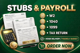 prepare adp payroll , stubs , paycheck , w2, 1099 and 1040