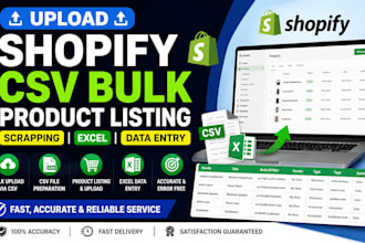 upload shopify csv bulk product listing scrapping excel data entry