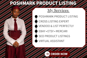 do poshmark product listing, ebay listing, cross listing, vendoo VA service esty