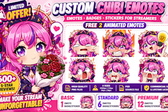 make cute chibi twitch emotes and badges for twitch, kick, discord, and youtube