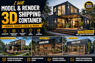 model and render 3d shipping container homes, shops, cafe