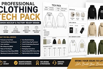 create clothing tech pack, fashion mockup and factory ready apparel design