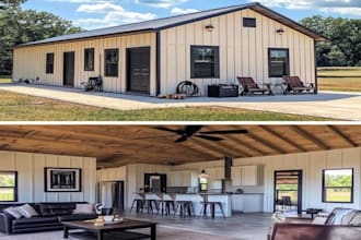 draw barndominium pole barn, house metal building, house plan as your architect