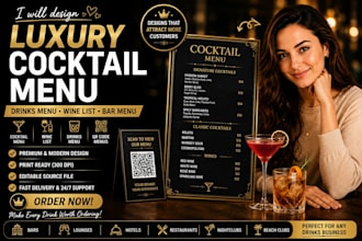 design luxury cocktail menu, drinks menu, wine list and bar digital menu qr code