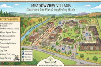 design illustrated map, site plan, wayfinding maps, directory map, marketing map