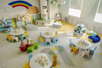 render 3d nursery school classroom, daycare indoor furniture,kids playarea setup