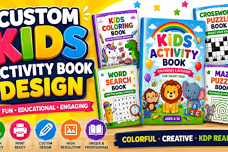 create kids coloring puzzle book, crosswords, mazes, word match, book cover