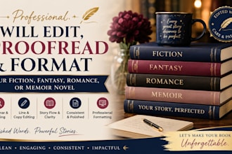 edit, proofread and format your fiction, fantasy, romance, or memoir novel