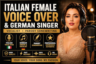 record italian female voice over, german singer, vocalist, parody songwriting