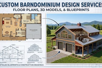 design custom barndominium floor plan with 3d model and blueprint