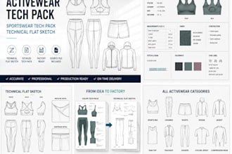 create activewear tech pack, sportswear tech pack and technical flat sketch